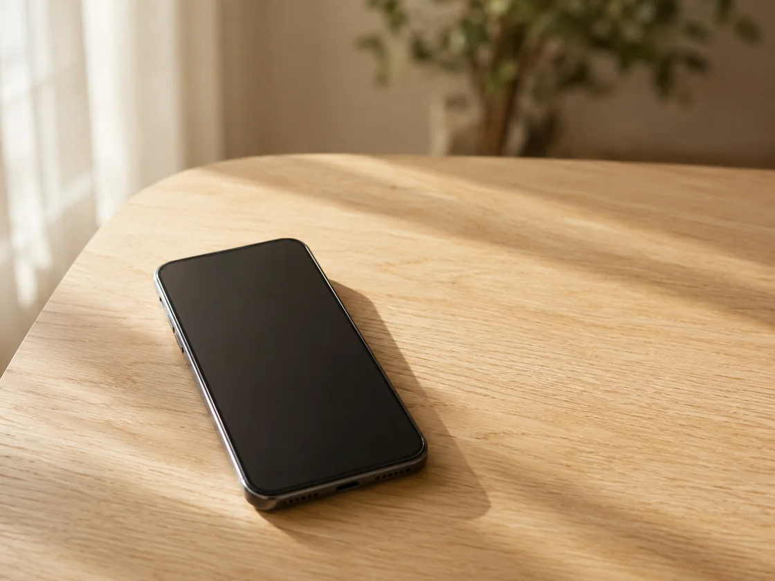 Um celular com a tela apagada sobre uma mesa de madeira clara, com luz de janela entrando de lado.