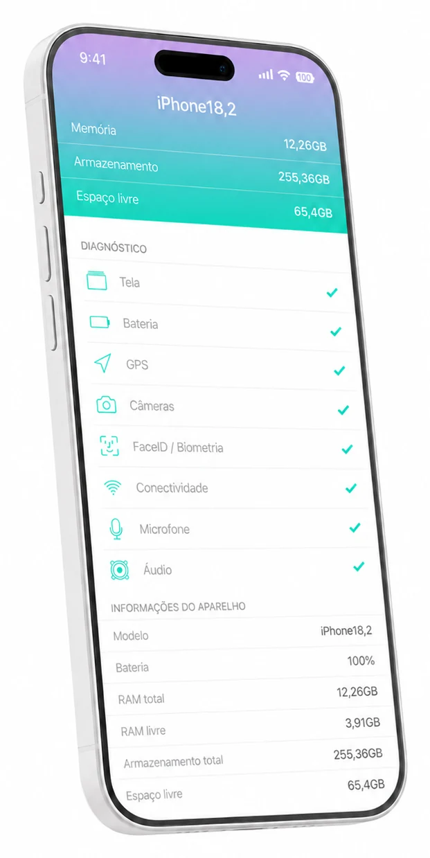 Tela do app Clubfix com o diagnóstico do aparelho concluído, mostrando tela, bateria, GPS, câmeras, biometria, conectividade, microfone e áudio verificados.